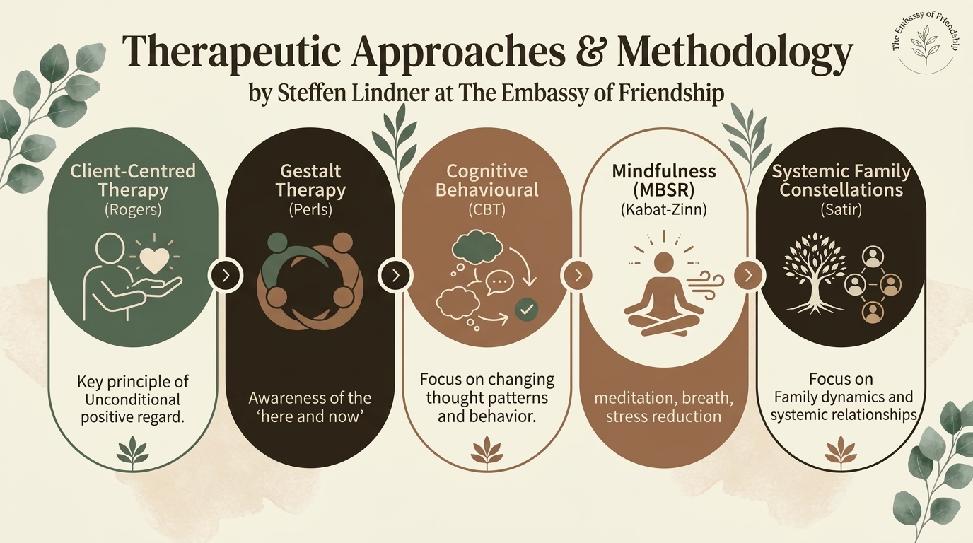 Therapeutic Approaches & Methodology Infographic: Client-Centred Therapy, Gestalt Therapy, Cognitive Behavioural Therapy CBT, Mindfulness MBSR, Positive Psychotherapy, and Systemic Family Constellations